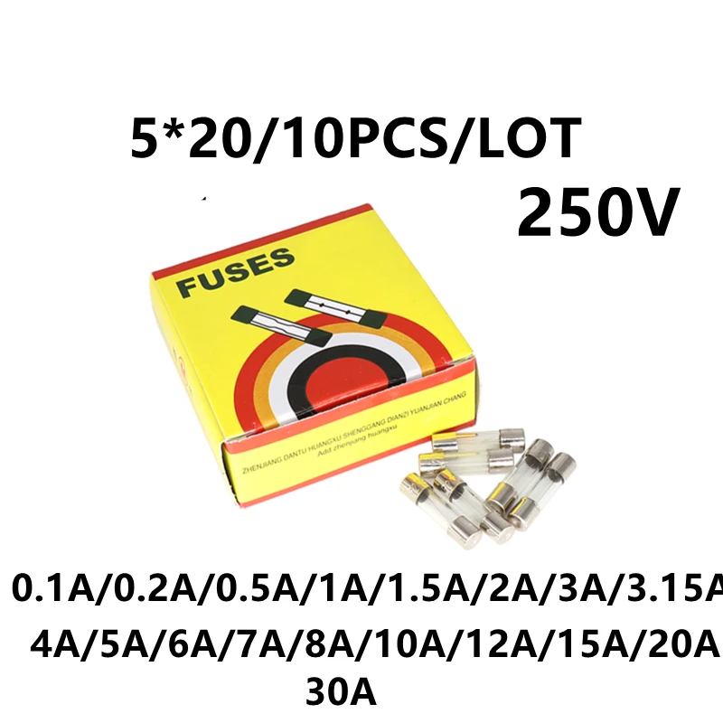

10 шт./лот 5*20 стеклянный предохранитель 250 в 0,1 а 0,2 а 1 А 2 А 3 А 3,15 а 4 а 5 А 6 7 8 10 12 10 10 А 15 а 20 А 30 А