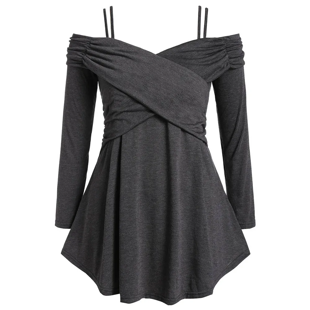 ROSEGAL размера плюс Передняя Крест Ruched открытый плечо футболка для женщин Спагетти ремень Твердые Топы Высокая талия длинный рукав тройники осень