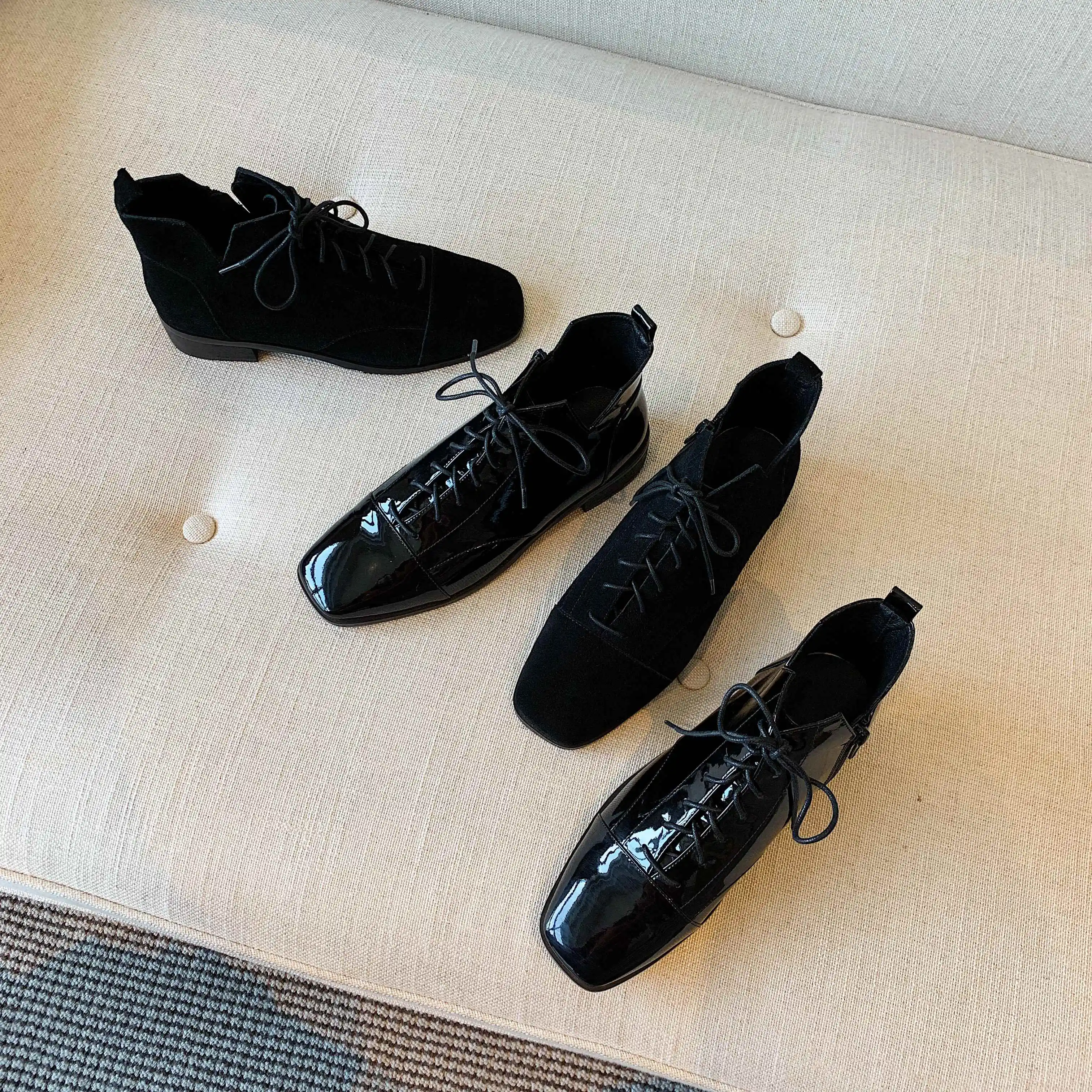 

Lenkisen big size new winter new boots cow suede gentlewomen square toe thick med heel lace up superstar leisure ankle boots L85