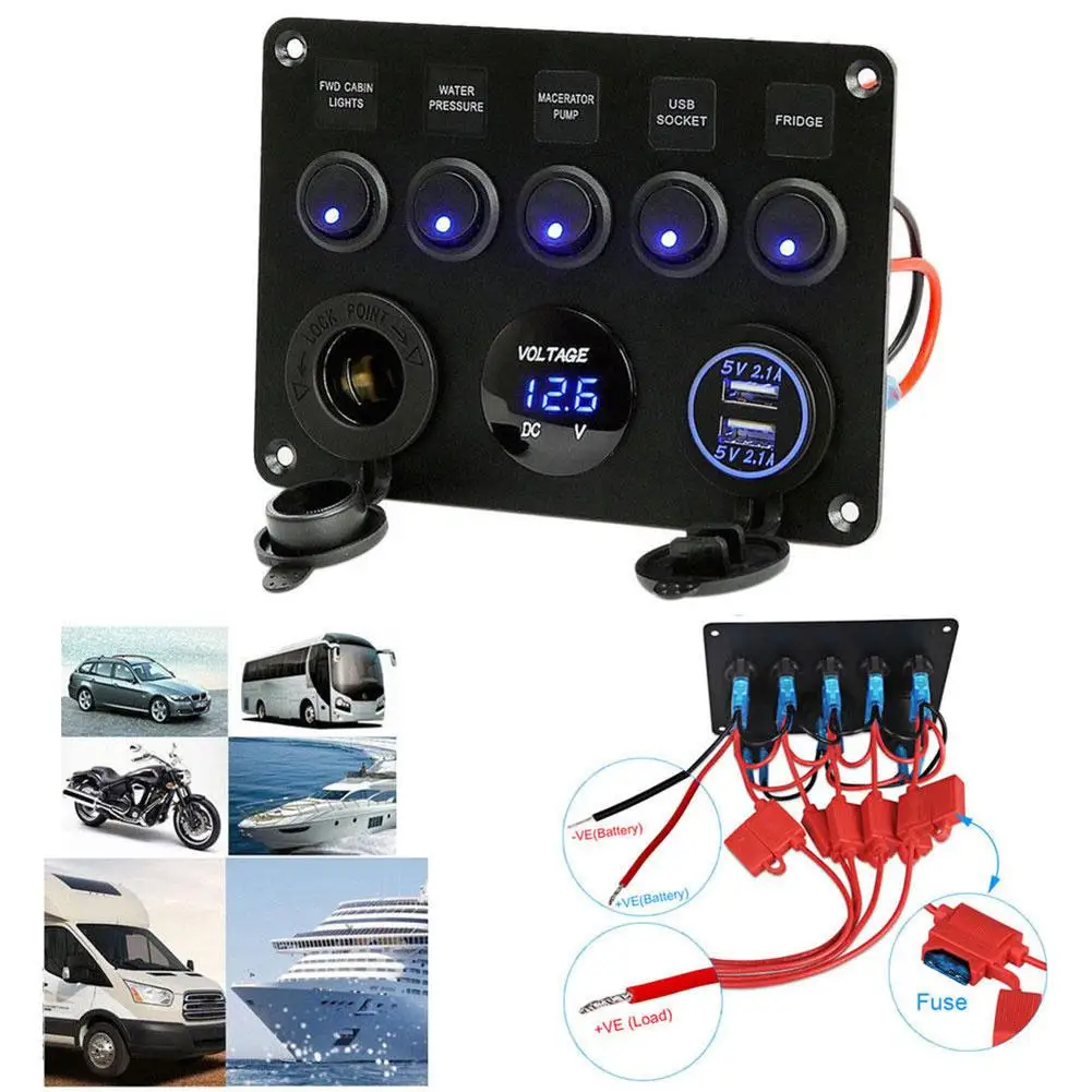 12V 5 Gang Car Boat Interior Control Switch Panel Voltage Display USB Charger