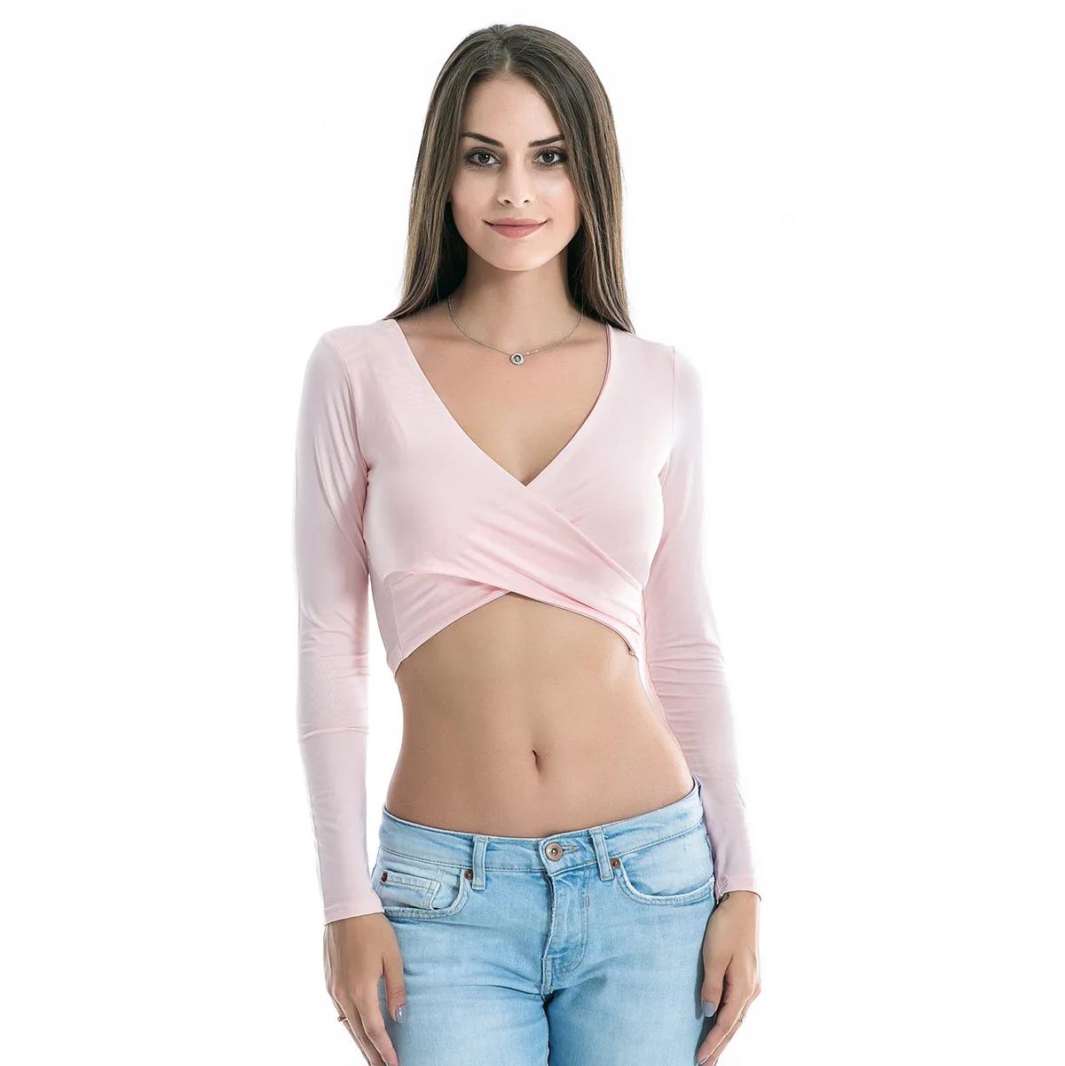 

Spring and autumn 2020 new top Pullover long sleeve Strapless sexy navel exposed nightclub bandage V-neck top