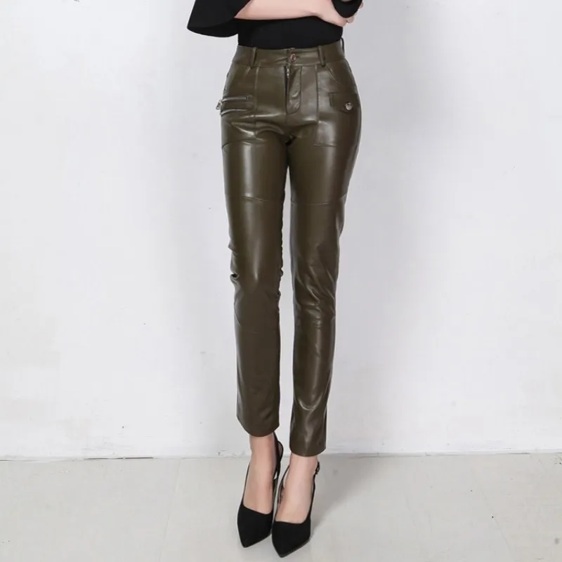 Женские Военные зеленые коричневые из натуральной овечьей кожи длинные узкие