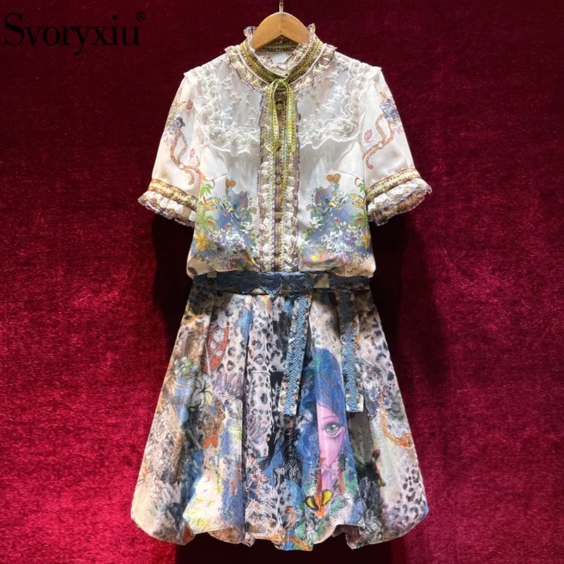 

Женский костюм с юбкой Svoryxiu, разноцветный винтажный костюм из блузки с короткими рукавами, вышивкой и мини-юбки из тюля на лето 2019