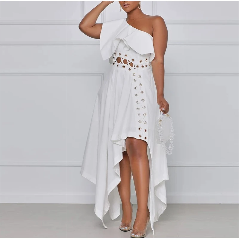 

Plus Size Ruffle One Shoulder Elegant Asymmetric White Prom Dress 4XL Robe Sexy Hollow Out Irregular Club Party Bridesmaid Dress