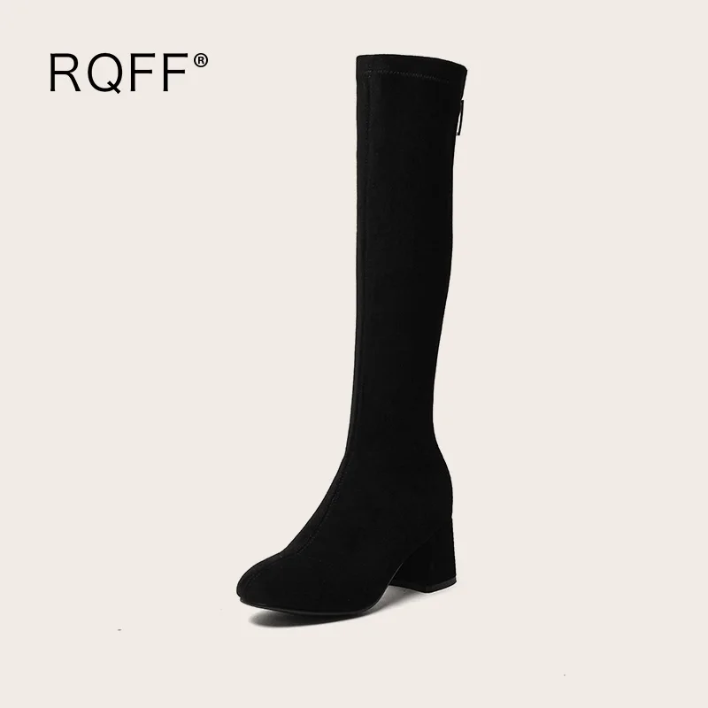 

Knee High Stretch Boots Women 2021 Autumn Winter New Fashion Solid 5.5CM Square Block Heel Round Toe Slip-On Plus Size 43 Shoes