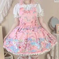 sweet lolita style japanese soft girly strap dress vintage square collar cartoon bear printing bow sleeveless ruffles jsk dress