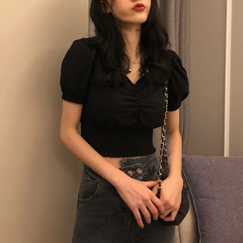 

Women's High Waist Top Short Bubble Sleeve Blouse V Neck Slim T-Shirts Breathable LXH