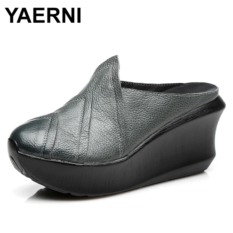 

YAERNI 2020 Genuine Leather Women Slippers 8CM High Heels Wedges Summer Shoes Retro Platform Handmade Women Leather Slipper