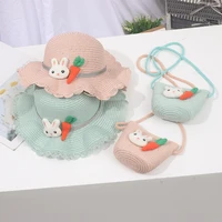 baby girls straw hat summer cute bunny cap outdoor beach sun hats children sun caps shoulder handbag cartoon bag kids gifts