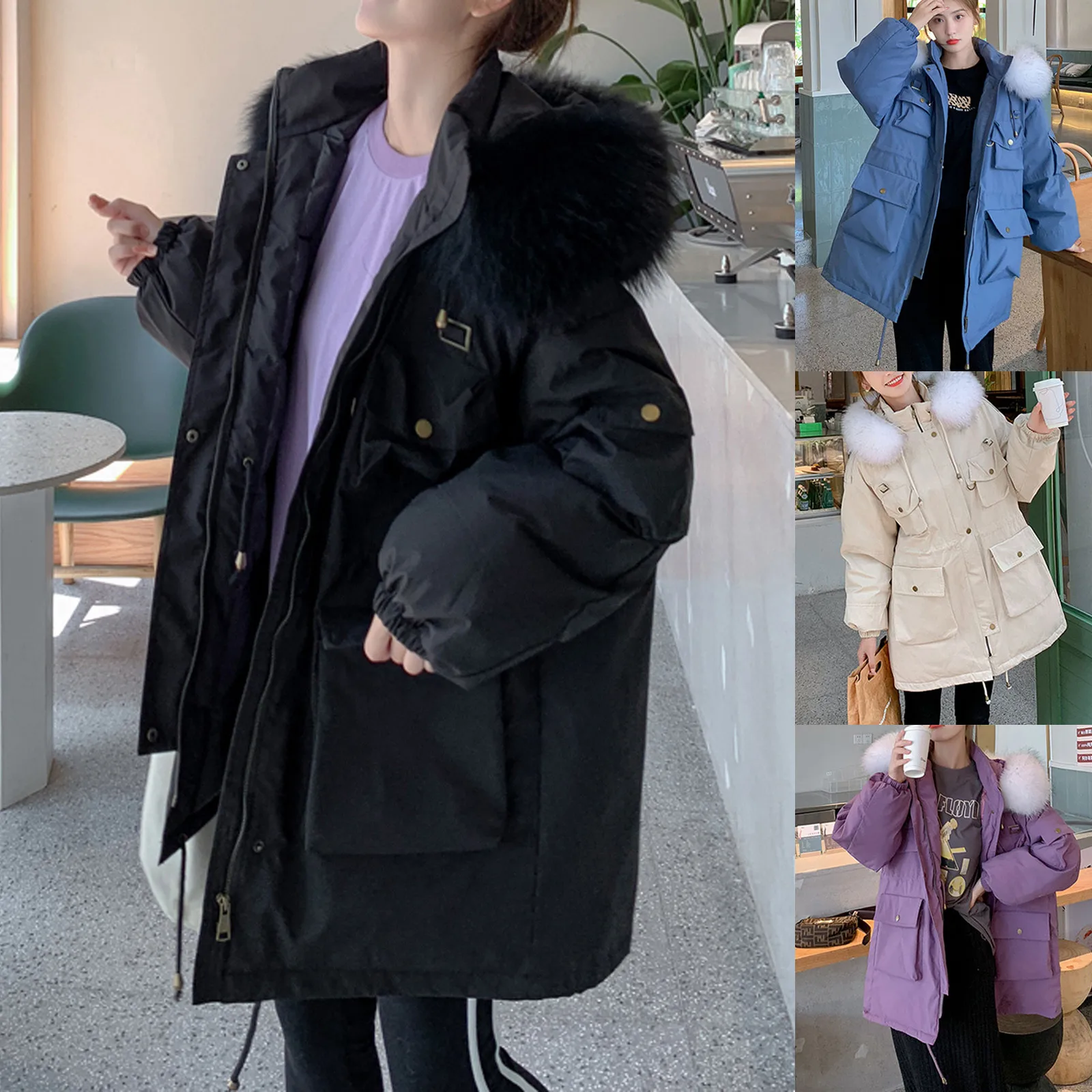 Для женщин парка Теплая одежда меховой воротник размера плюс на пуговицах и