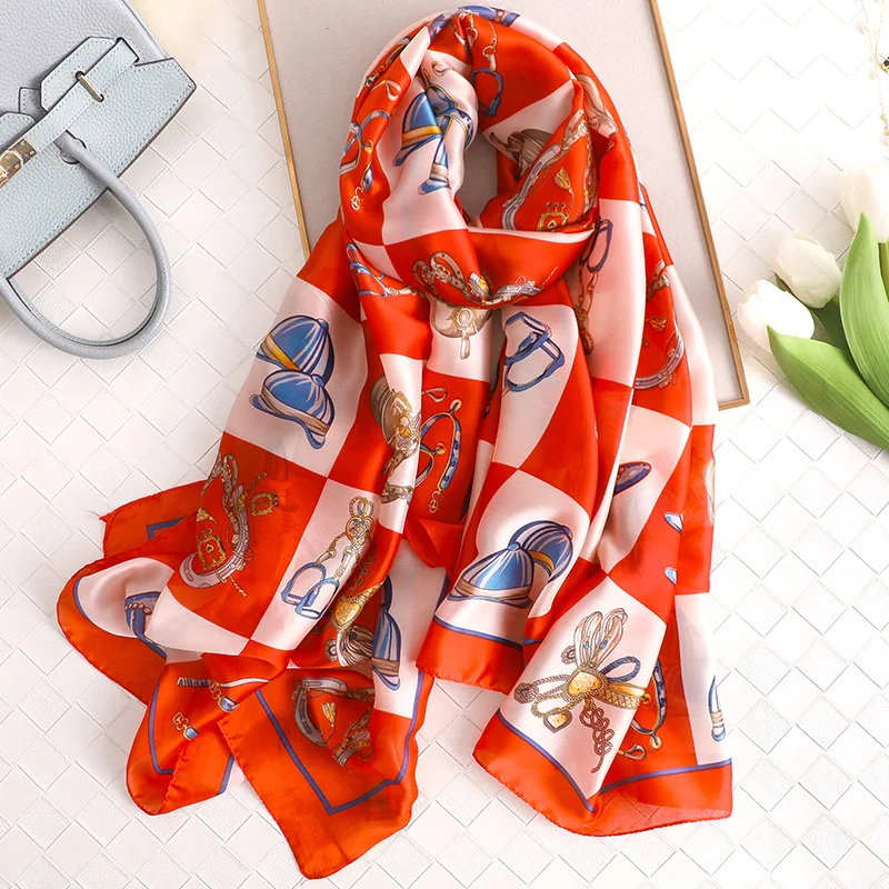 

Женский шелковый шарф с принтом, шейный платок с принтом, для пляжа, для весны и лета, 2021