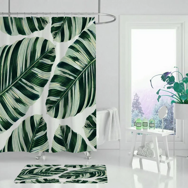 Занавеска с принтом зеленых тропических растений и листьев для ванной душа набор