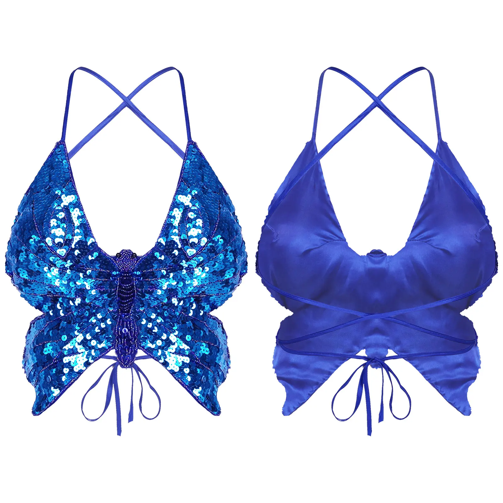 

Womens Femme Exotic Tanks Shiny Sequin Beaded Butterfly Shaped Bras Spaghetti Strap Lace-up Backless Holographic Crop Top Vest