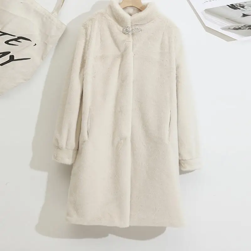 

Spring and Autumn Women's New Korean Fashion Warm Mid-length Loose Lapel Faux Fur Jacket XL-5XL
