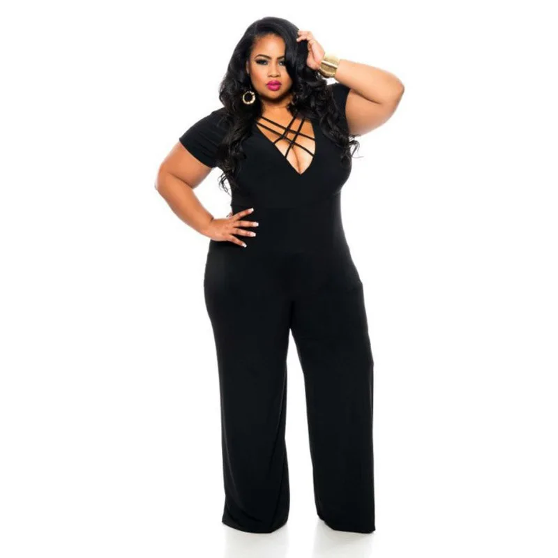 

Jumpsuit Women Short Sleeve Sexy Hollow Out One Piece Romper Solid Black Wide Leg Trousers Jumpsuits Wholesale Dropshipping