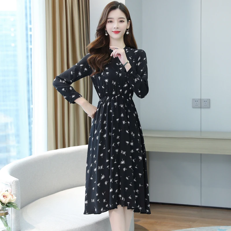 

Women's Long Sleeve Dandelion Print Chiffon Dress Spring Autumn Bow Single Breasted Pleated Bottoming Dresses Female Vestidos