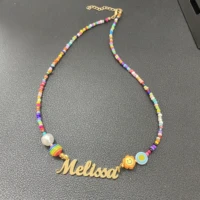 custom name necklace rainbow seed beads nameplate choker personalized stainless steel name necklace colorful collar jewelry gift