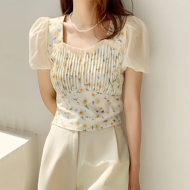 

Floral Printed Chiffon Blouses Women Mesh Puff Sleeve Tops Summer Slim Square Collar Shirts Harajuku Pleated Short Pullovers