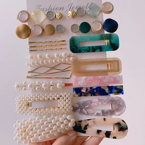 Женские заколки для волос с искусственным жемчугом, набор из акриловой смолы и кристаллов, элегантные Геометрические заколки для волос