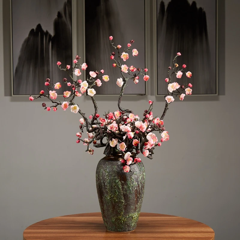 

Winter Home Decor White Artificial Realistic Flowers Fake Branches Plum Blossom Vintage Vase Long Bouquet Interior Decoration