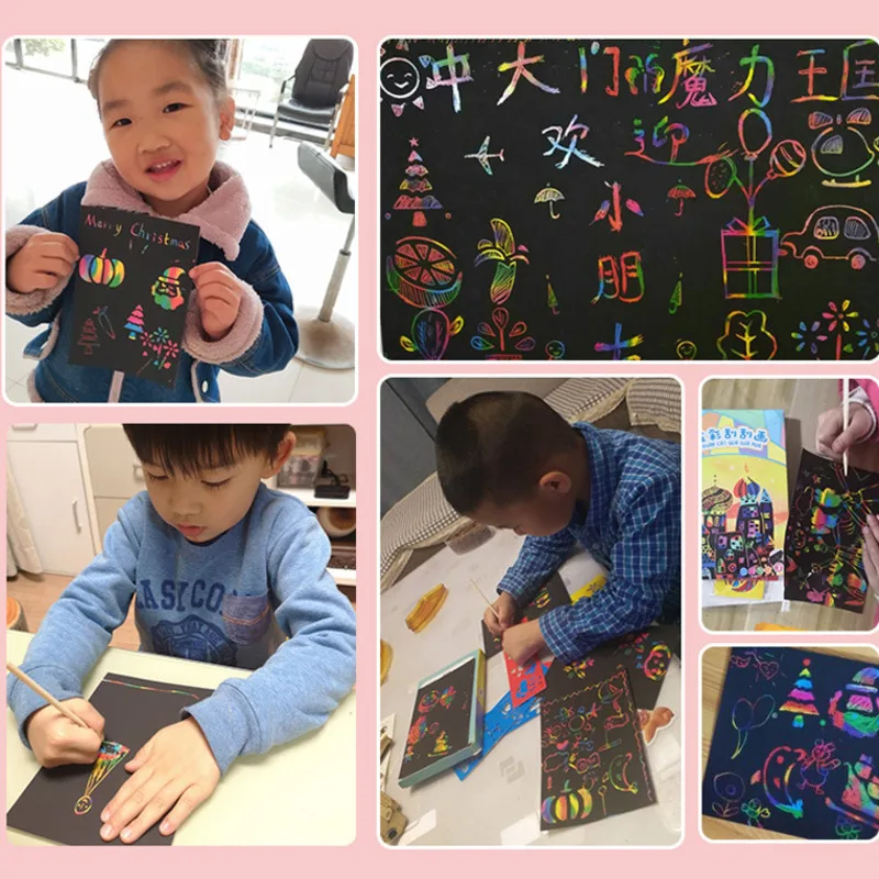 

Magic Rainbow Color Scratch Art Paper Card Set With Graffiti Stencil Drawing Board Stick DIY Art Painting Educational Toys Gift
