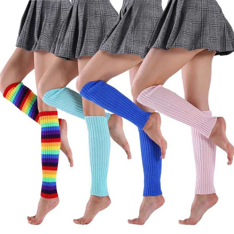 Knitted Leg Warmers Women Warm Winter Boot Heater Legs Knee High Slouch Socks Rainbow Color Long Socks Women White Boot Socks