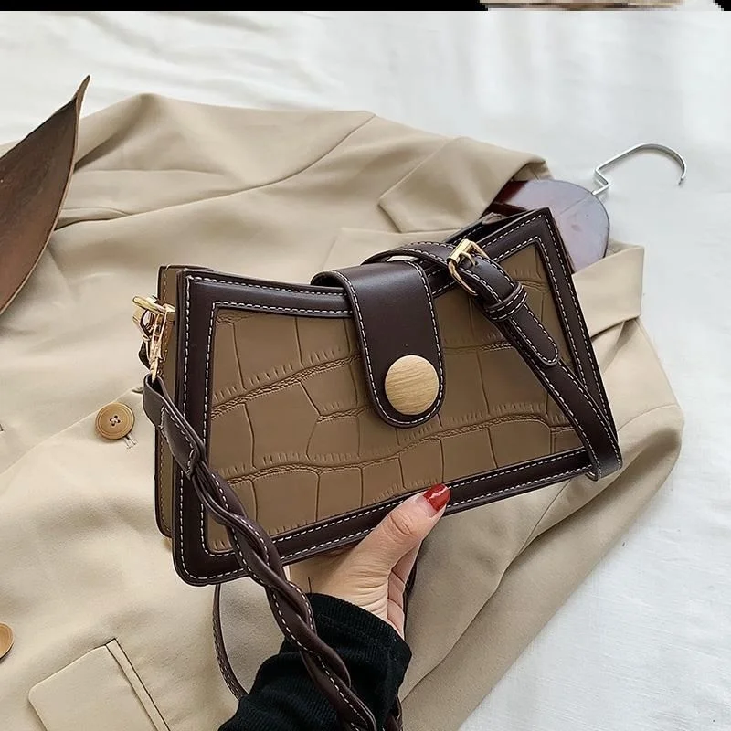 

Lady's Shoulder Bag Contrast Color Vintage PU Leather Texture Crossbady Small Square Bag Wholesale 2021 New Fashion Women Bags