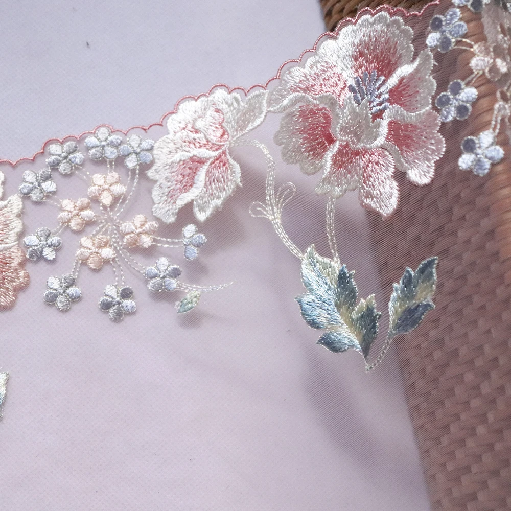 

1 Meter 21 CM Wide Peony Floral Fruits Embroidery Lace Trim Pink Mesh Fabrics For Bra Lingerie Underwear Women's Dress Decor DIY