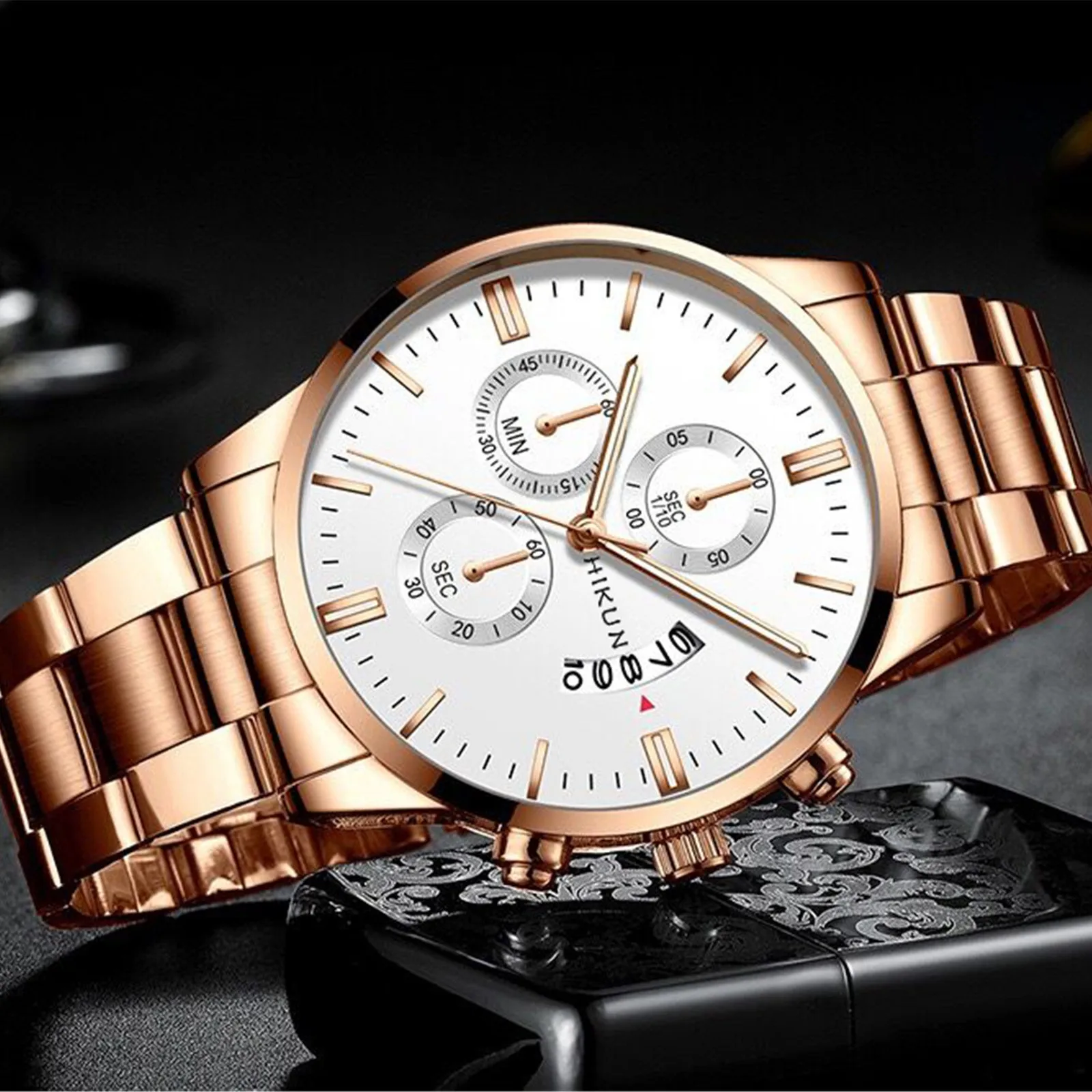 

Business Men Watch With Steel Band Dial Chronograph Calendar Mens Fashion Analog Quartz Wrist Watch For Man Gift reloj hombre