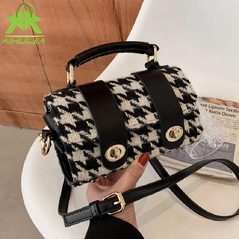 

High Quality Woolen Cloth Handbag for Women 2021 New Fashion Houndstooth Crossbody Bag Designer Small Shoulder Messenger Bags