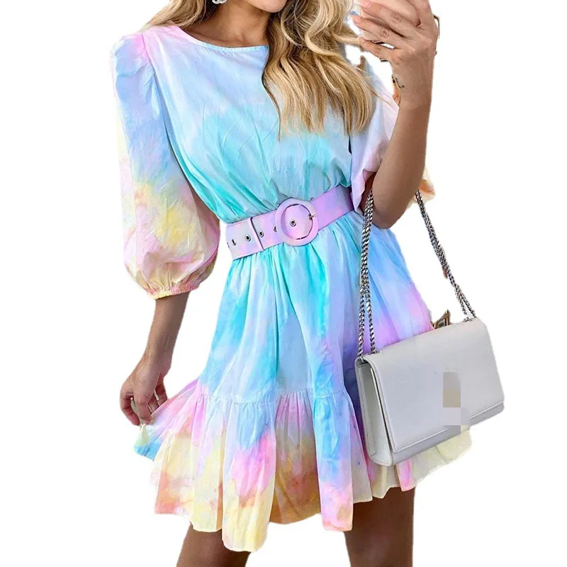

2021 new women's tie-dye printing loose party fashion ruffled street style dress