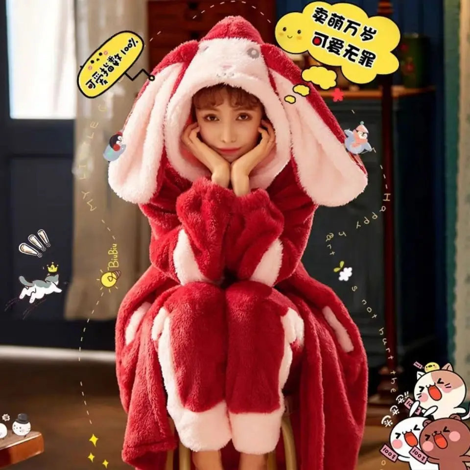 Coral Fleece Pajamas Female Winter Thickened Velvet Students Cute Facecloth Long Robe Autumn and Winter Home Wear Set Sleep Tops