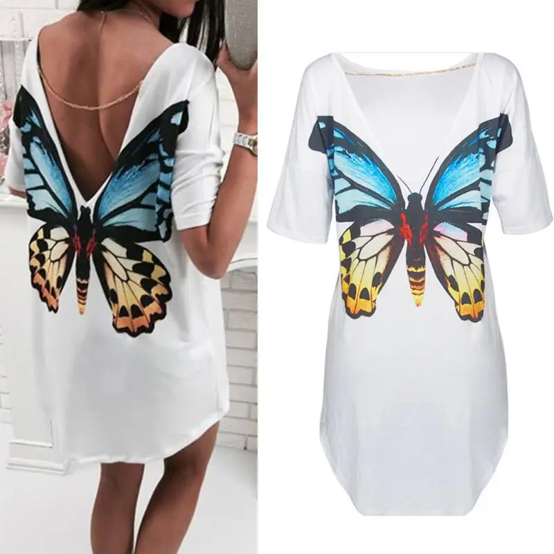 Женское платье-футболка с коротким рукавом низким вырезом и открытой спиной