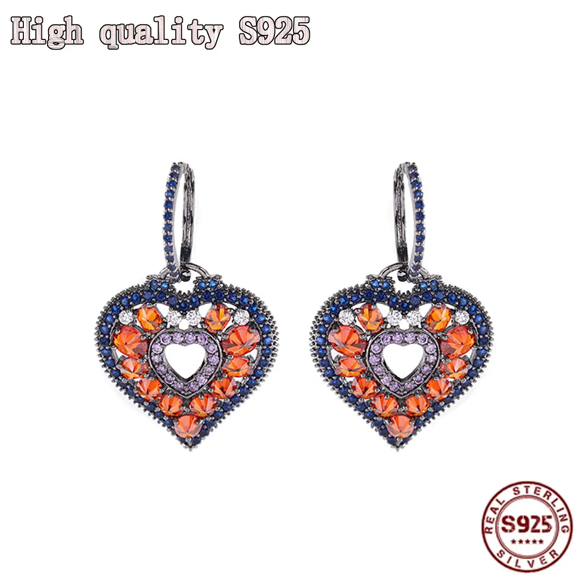 

S925 Silver NEW Fine Fashion Jewelry Romantic Heart Retro Color Zircon Geometric Female Heavy Industry Peach Earrings For Women