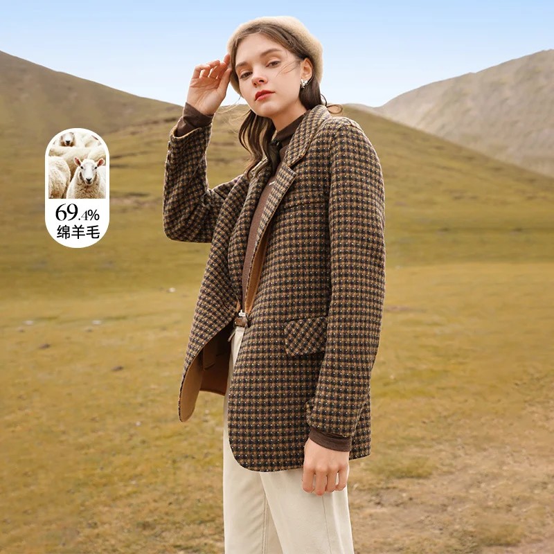 

SHZQ Wool Suit Coat Women's 2021 Winter New Caramel Double-sided Wool Plaid Small Suit