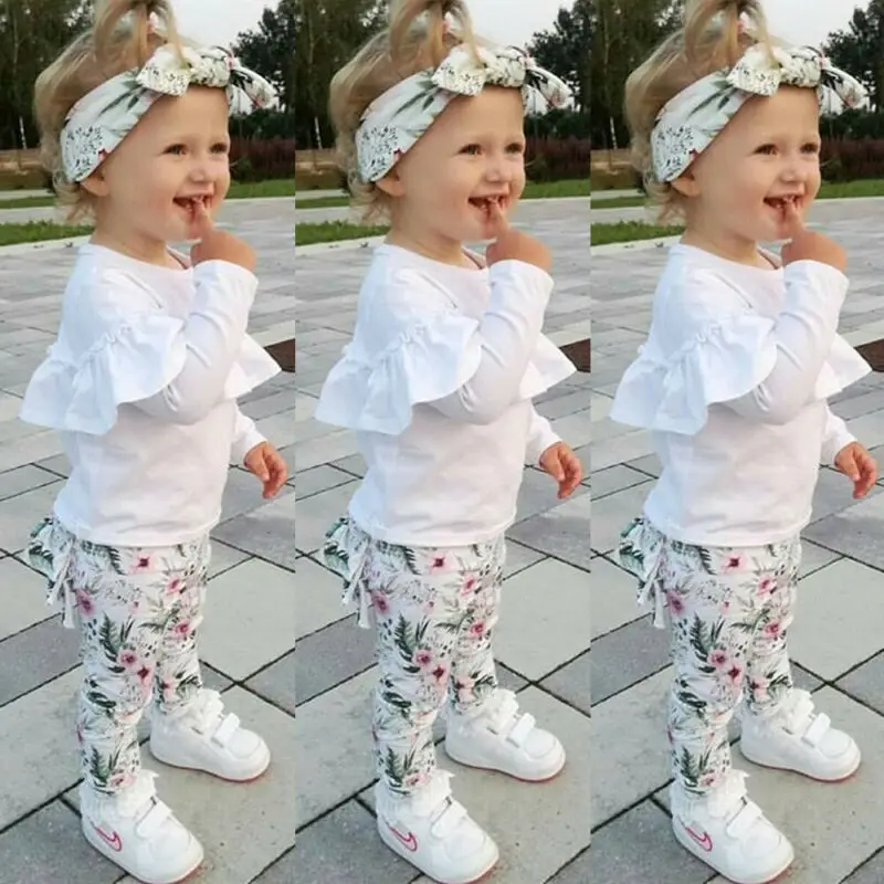 

Toddler Kids Girls Autumn Clothes Set Fashion Baby Girl Ruffle Tops Floral Printed Long Pants Headband Outfits Children Clothes