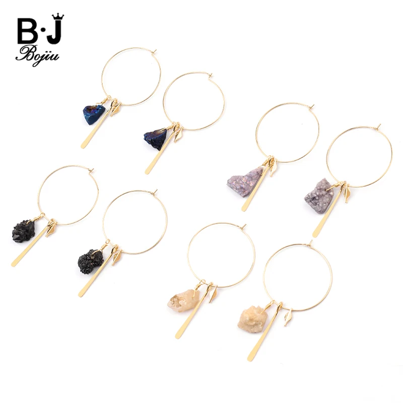 BOJIU Boho золото цвет Женские Висячие серьги естественный неправильной формы кварц