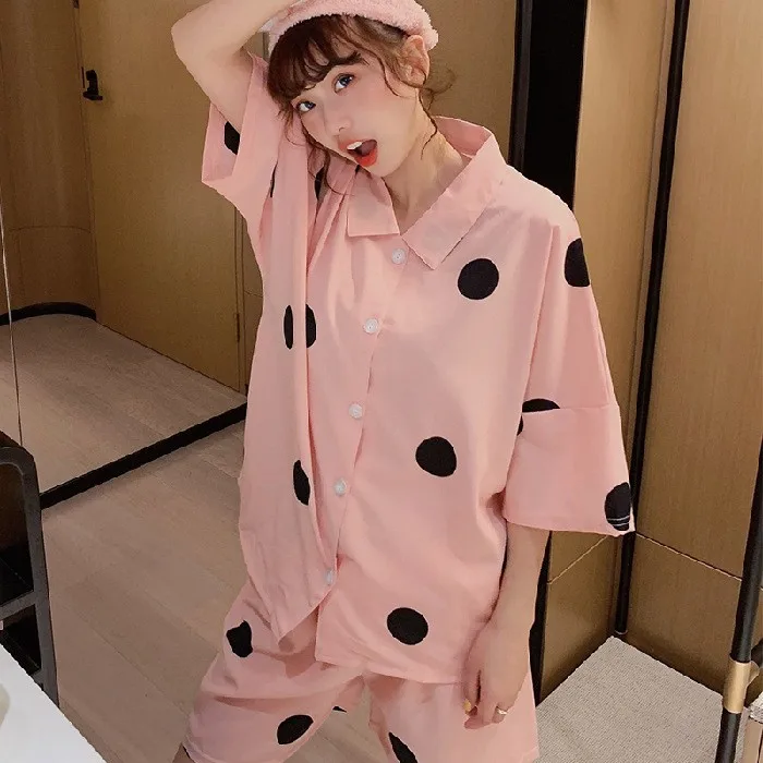 

White 2PCS Female Pajamas Suit Lounge Turn-down Collar Shirt&Shorts Home Clothes Summer Loose Polka Dot Print Nightwear