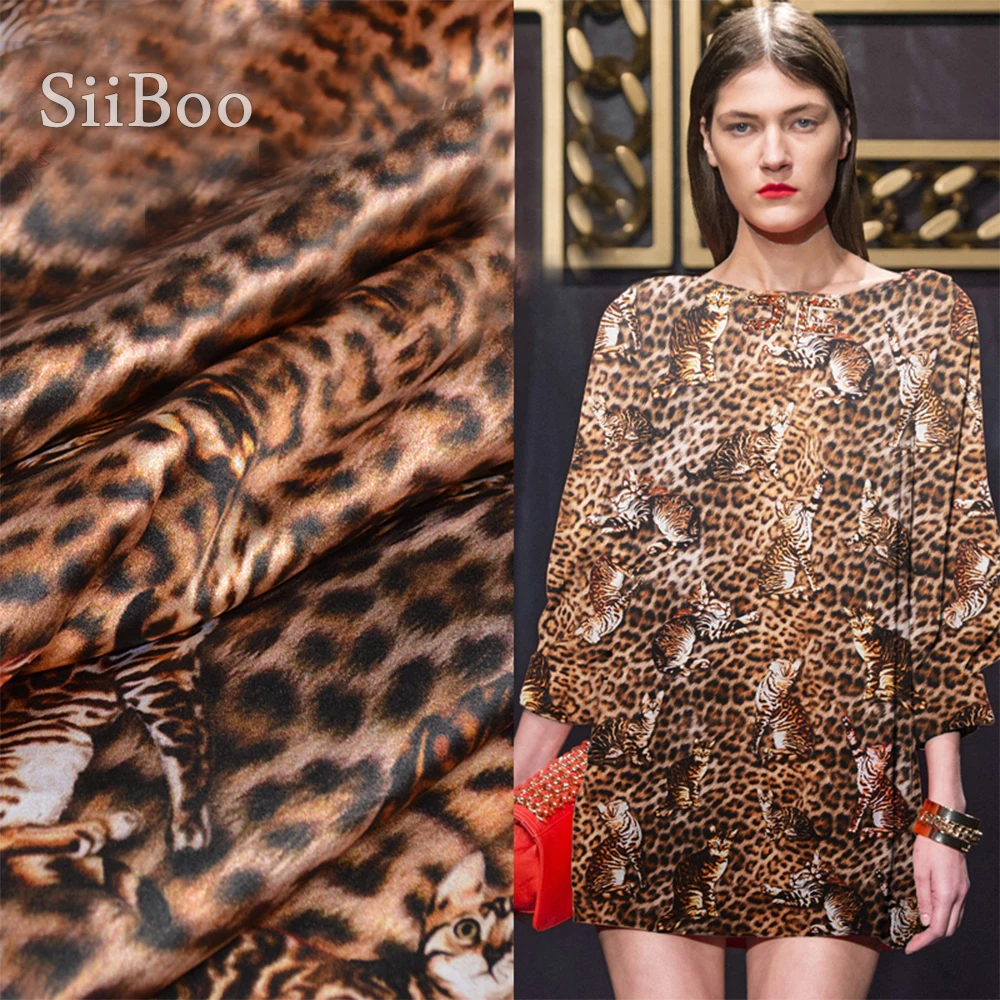Коричневая шелковая ткань в американском стиле с леопардовым принтом из