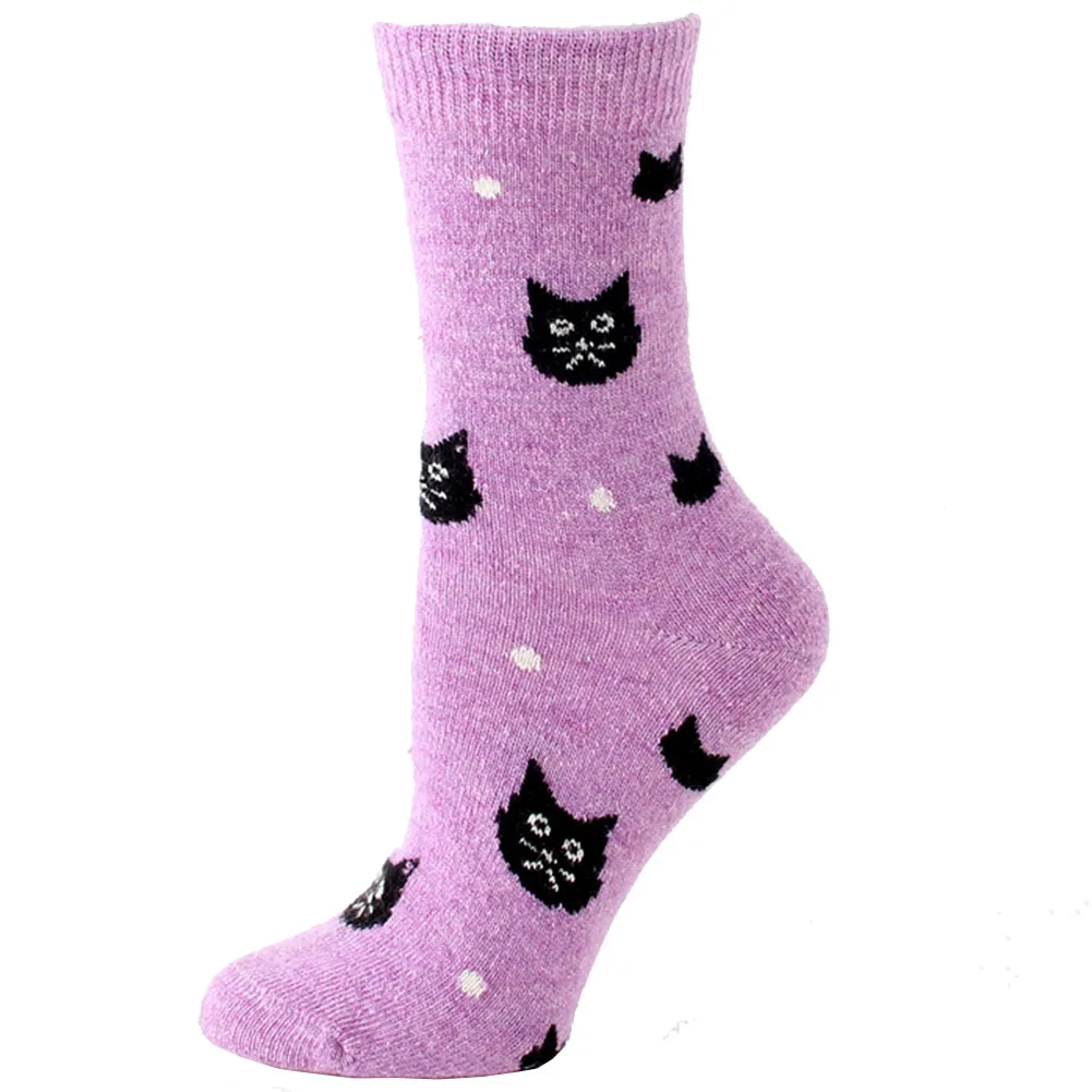 Winter Warm Thermal Wool Cashmere Socks for Women Fashion Casual Thick Cartoon Cat Cotton Mid Calf Cartoon Socks Pack