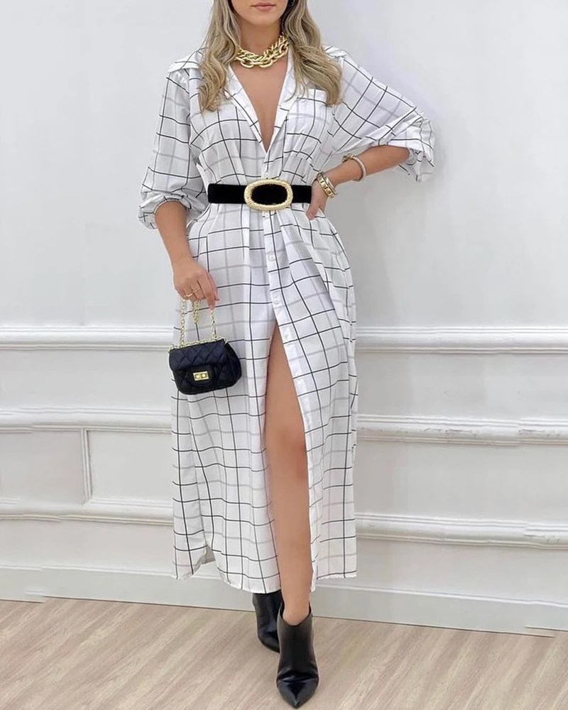 

2021 Fashion Spring Autumn Maxi Dress Women Plaid Casual Long Sleeve Vestidos Female High Waist Robe Femme vestidos de fiesta
