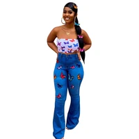 stylish lady embroidery butterfly printed jeans 2020 women high waist denim blue skinny flare jeans wide leg pants fat mom jeans