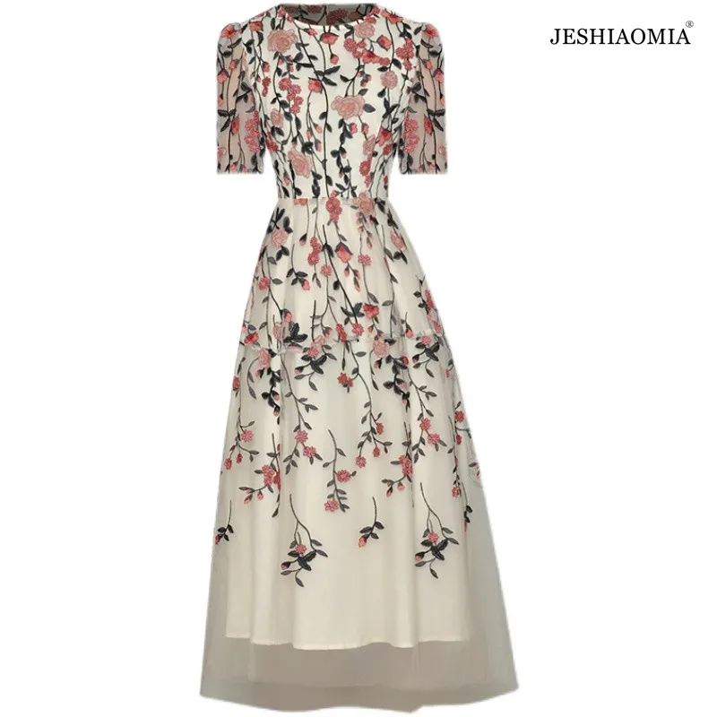 

JESHIAOMIA- 2021 Pre-Autumn Round Neck Flower Embroidered Midi Dress