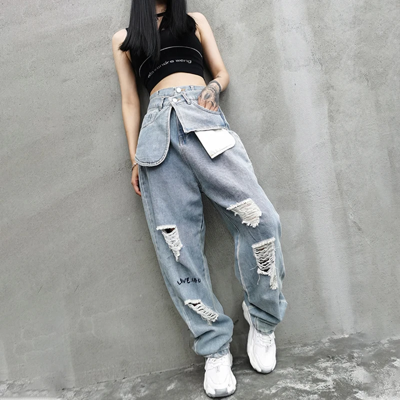 

CHICEVER Hole Letter Denim Pant For Women High Waist Full Length Patchwork Straight Trousers Females Summer Fashion 2021 Stylish