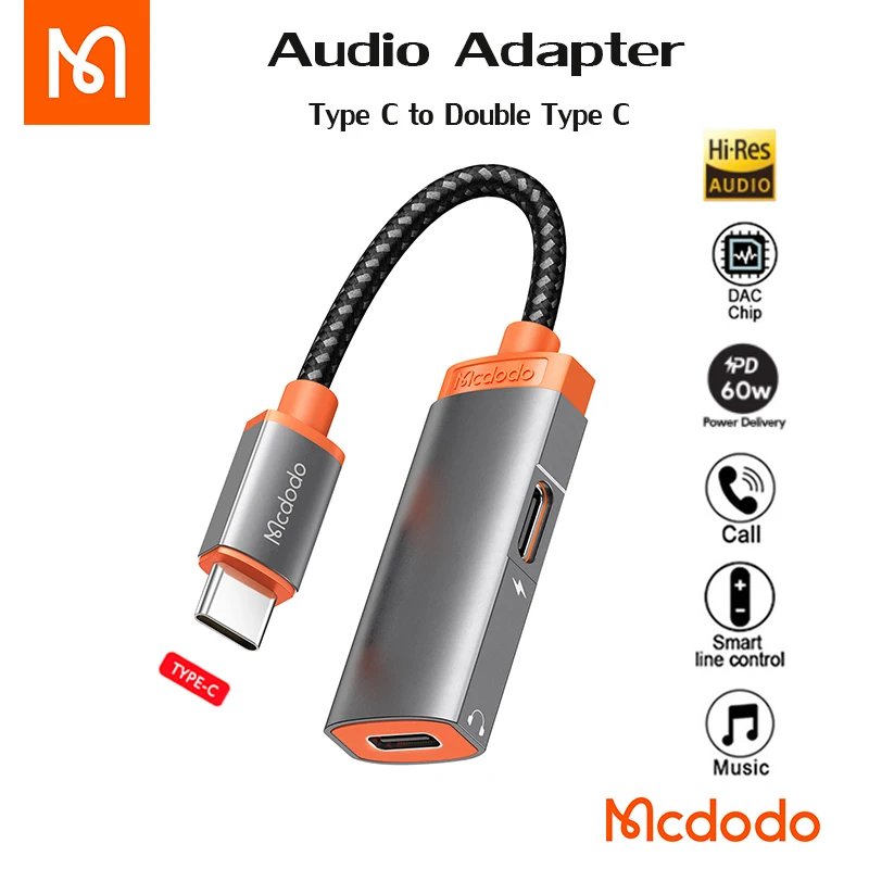 Mcdodo 2 in 1 Audio Adapters 60W PD Type C to Double Type C/DC3.5mm Jack Call Earphone Aux Converter For IPad Huawei Xiaomi