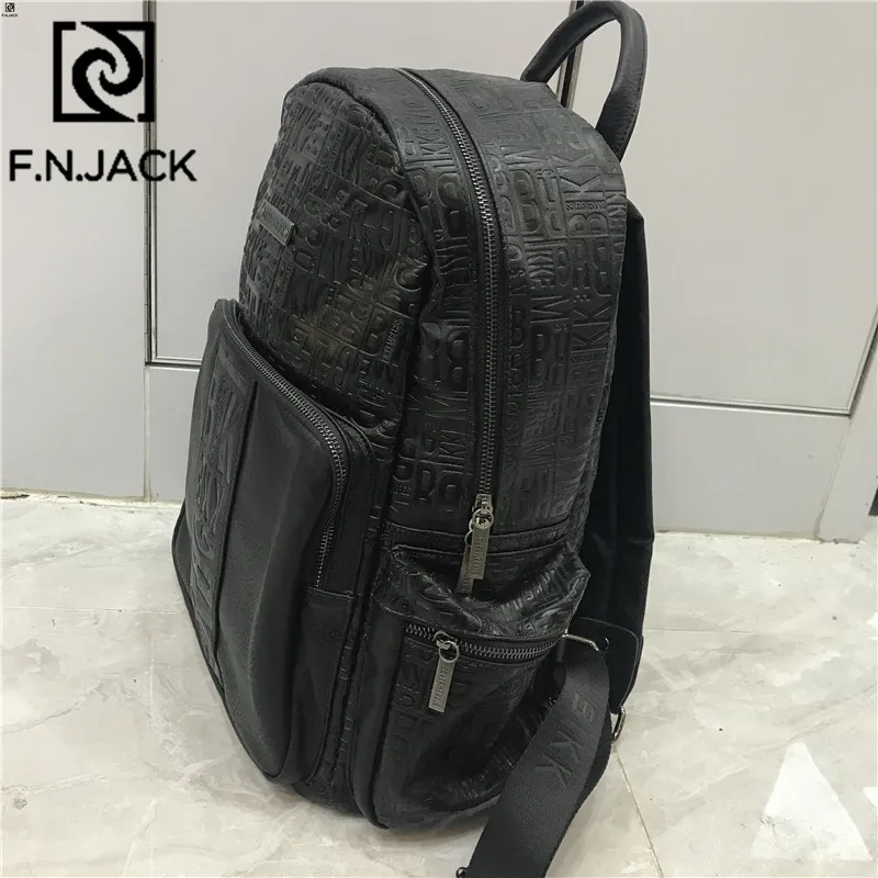 F.N.JACK New Leather Letter Bags Large Capacity Backpacks Split Leather Zipper Men Fashion Bag Students Travel Bagpack