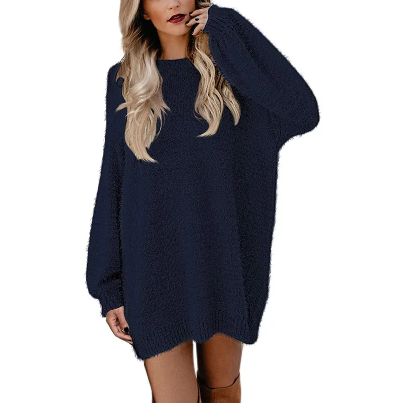 

Elegant Women's Furry Round Neck Oversized Loose Knitted Long Pullover Sweater Casual Loose Long Sleeve Solid Color Dress
