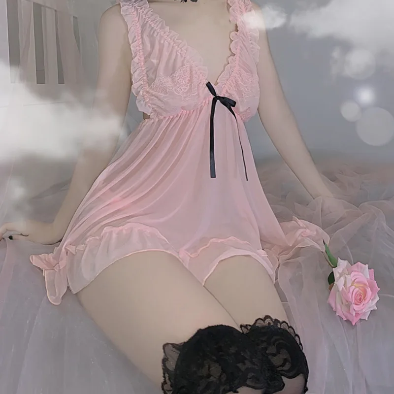 

2021 Summer 2 Colors French Lace Chiffon Women's Sleepwear Sweet Suspender Plus Size Lingere Sexy Transparent Temptation 2PRJ