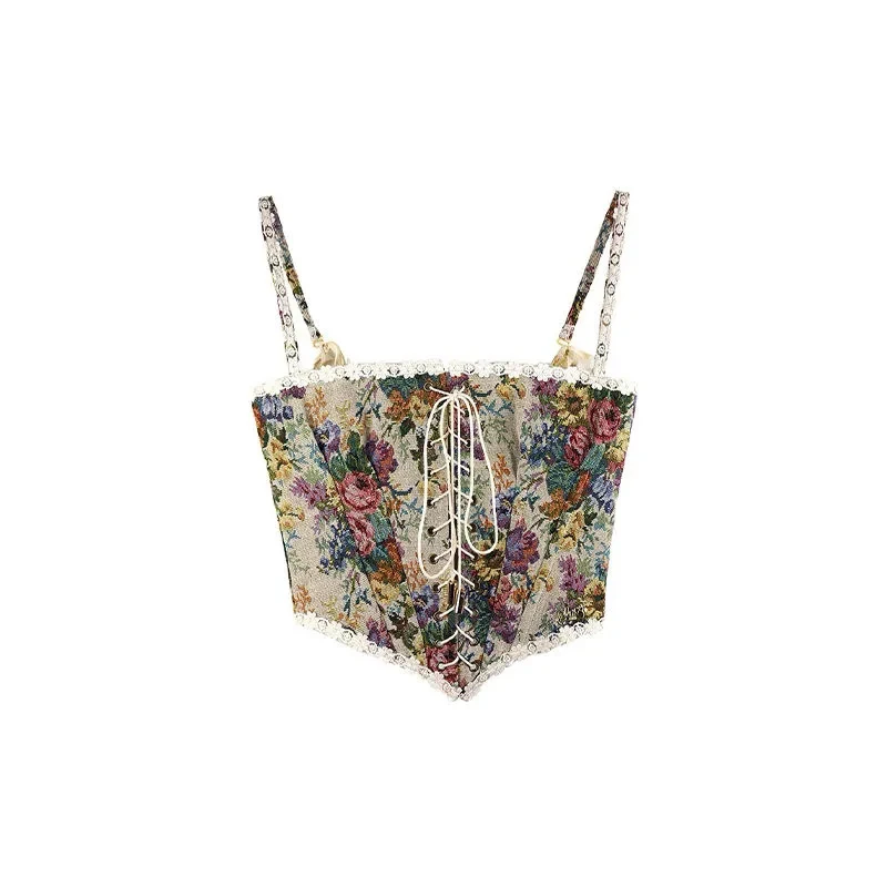 

western style summer retro crop top broken flowers slim slimming lace corset Women's tube top Camisole vintage cloth Bandage