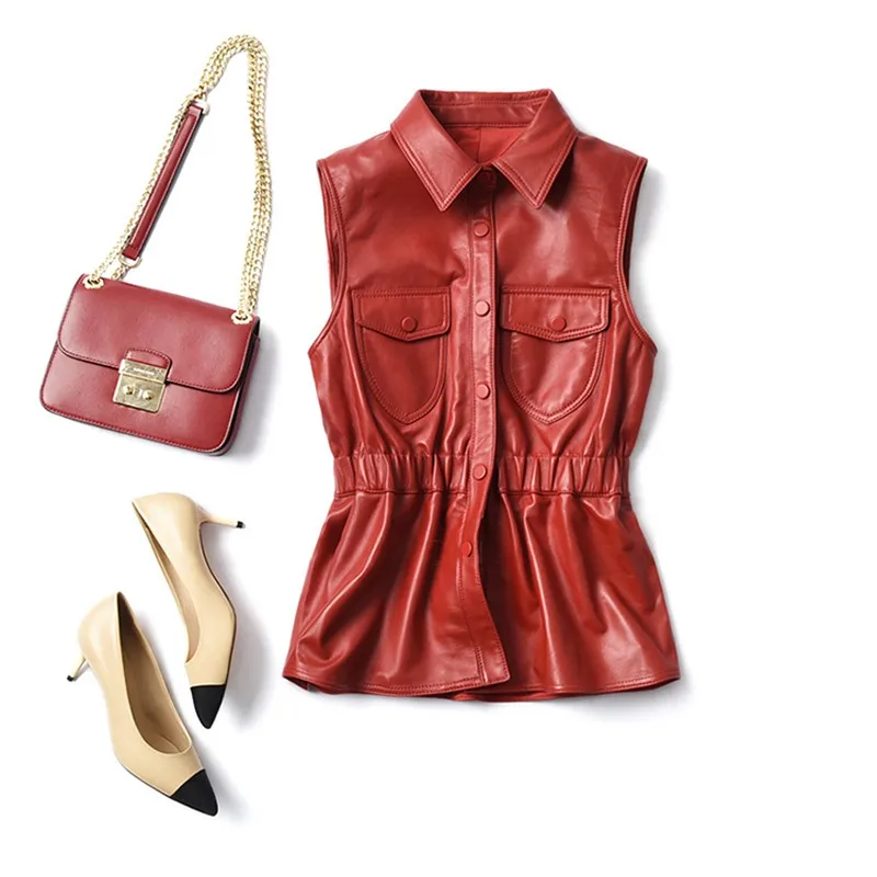 Жилет женский из овечьей кожи с карманами на резинке однобортный | Женская одежда